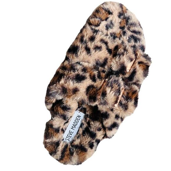 Steve Madden Fuzzy Tan Black Leopard Slippers Size 6 - Picture 2 of 4